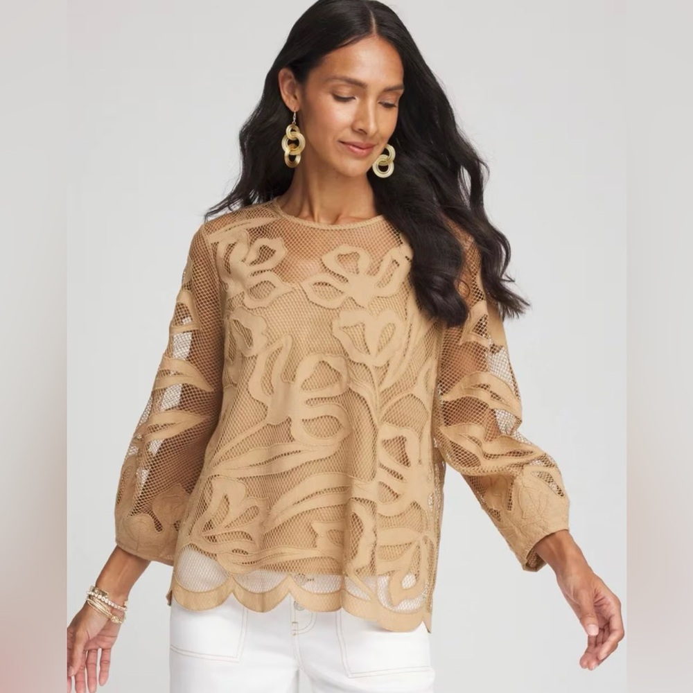 Chico's Floral-Motif Mesh Lace 3/4 Sleeve Blouse in Tan Latest Style NWOT 16